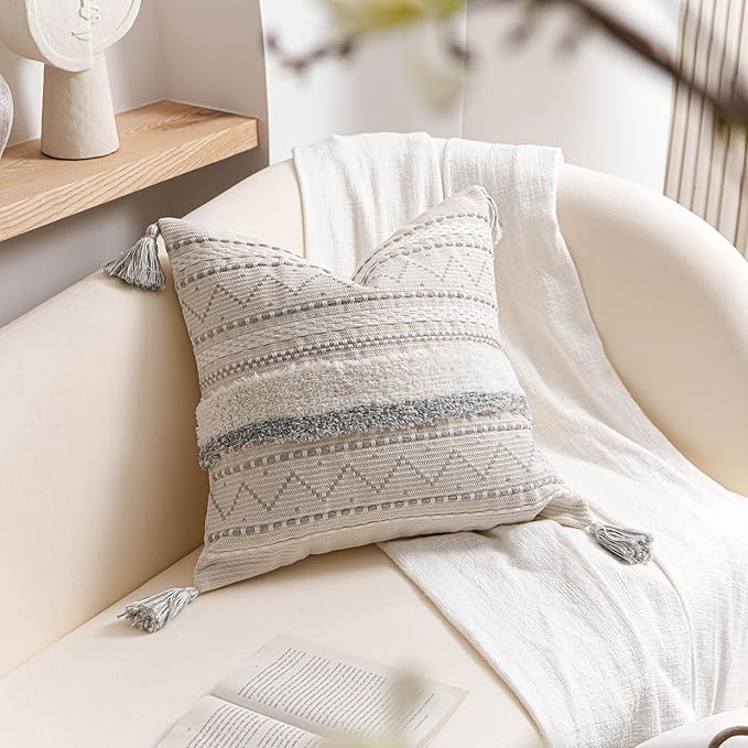 BlissBlush 18X18 Throw Pillow Cover, Cream Neutral Square Decorative Cushion Cover with Gray Pattern, Boho Accent Pillowcase with Tufted Details and Tassels for Couch Sofa Living Room (Cover Only)