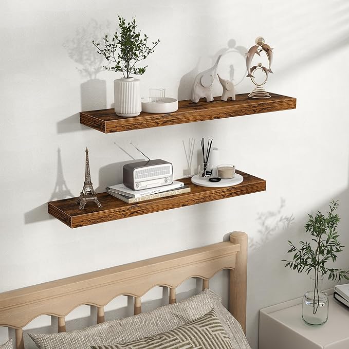 Fun Memories Floating Shelves for Wall, Rustic Wood Wall Mounted Shelves for Bathroom, Bedroom, Living Room and Kitchen, Storage & Home Decor (Set of 2, Brown, 32 in)