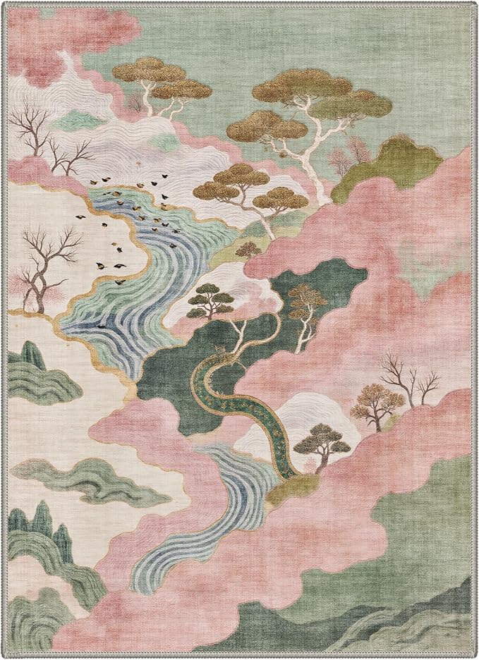 BEIMO Area Rugs 5x7 for Living Room Bedroom, Modern Abstract Machine Washable Rug, Large Soft Low Pile Floor Carpet with Non Slip Backing for Dining Room, Sage Pink