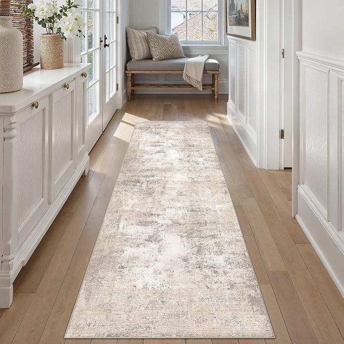 3x14 Washable Runner Rug Beige Grey Abstract Non Slip Soft Low Pile Hallway Kitchen Rug Neutral Modern Carpet for Laundry Bathroom Bedroom Living Room Home Decor