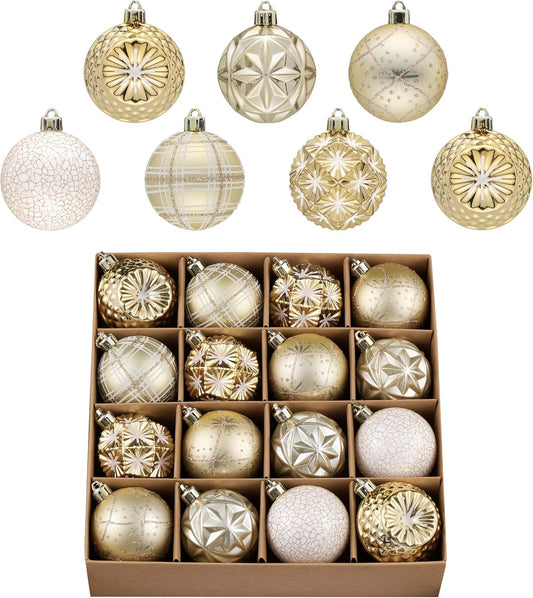 Valery Madelyn Ornaments for Christmas Trees, 16ct 2.36 Inches White and Gold Shatterproof Christmas Tree Decorations, Luxury Hanging Ball Ornaments for Xmas Holiday Party Decor
