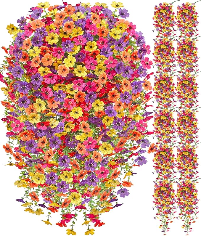 Serwalin 12PCS Artificial Hanging Flowers for Outdoors, UV Resistant Fake Hanging Plants, Realistic Weatherproof Outdoor Decor for Patio,Garden & Window (Yellow, Hot Pink, Purple &Orange,12PCS)
