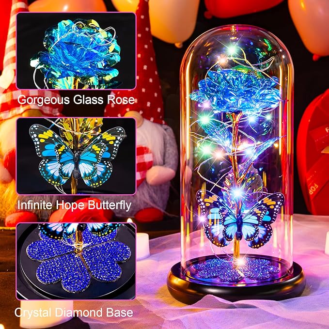 Mothers Day Mom Gifts for Mom Birthday Gift for Women Galaxy Glass Rose in Glass Dome Forever Eternal Crystal Flower with Butterfly Mother's Day Flowers Gifts for Wife Daughter Grandma Sister Blue