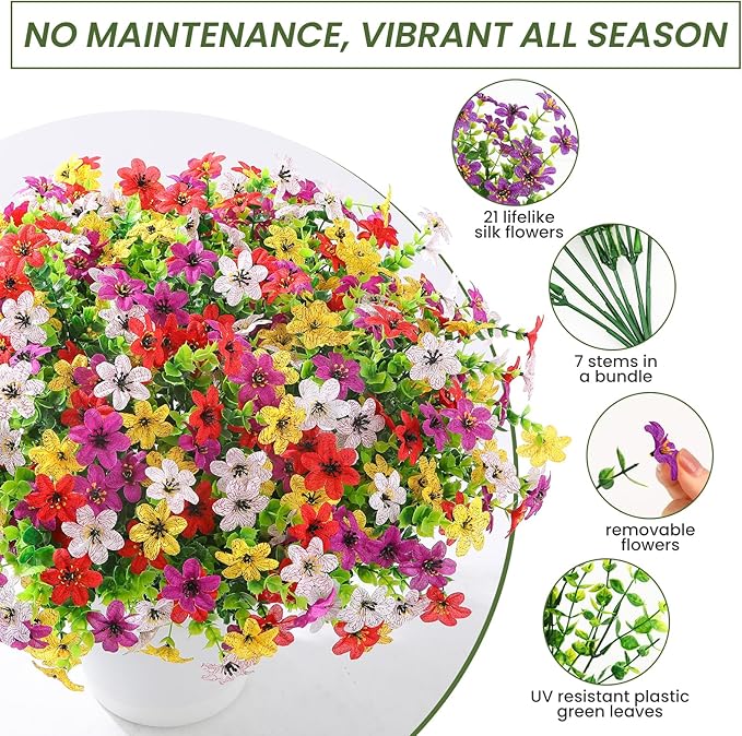 SHareconn 24 Bundles Artificial Flowers for Outdoors Spring Decoration, Fake Silk Realistic Faux Plants UV Resistant for Outside Planter Porch Patio Indoor Decor, RedPurpleYellowWhite