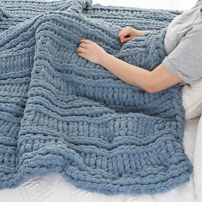 Battilo Chunky Knit Throw Blanket for Couch, 50"x60", Dusty Blue | Hand Knit, Cozy Warm Thick Soft Chenille Throw Blanket for Bed, Sofa, Living Room