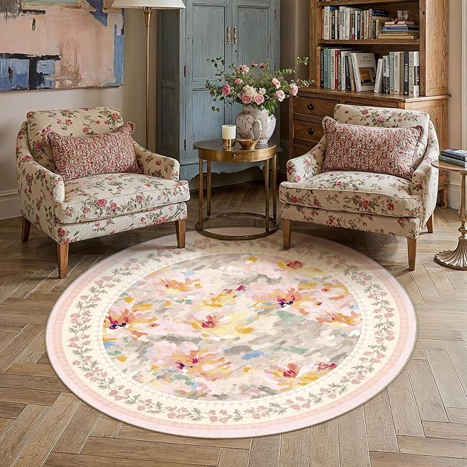 5x5 Washable Area Rug Beige Pink Living Room Bedroom Floral Throw Rug Abstract Modern Non Slip Soft Low Pile Carpet for Dining Room Office Nursery Indoor