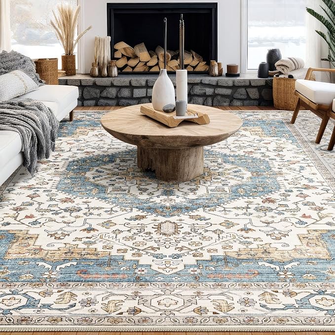 12x15 Area Rugs for Living Room - Large Carpet Ultra Thin Soft Washable Oriental Vintage Floral Distressed Big Indoor Carpets for Bedroom Nursery Dorm Home Decor Aesthetic - Blue/Beige