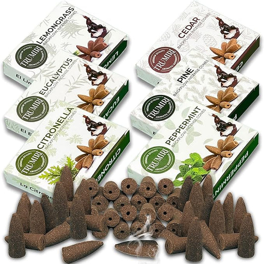 Leafy - Backflow Incense Cones for Waterfall - Scented Inscents-Cones - Peppermint, Citronella, Pine, Cedar, Eucalyptus, Lemongrass - Insiensos Aromaticos - 6x10=60 Large Variety Pack