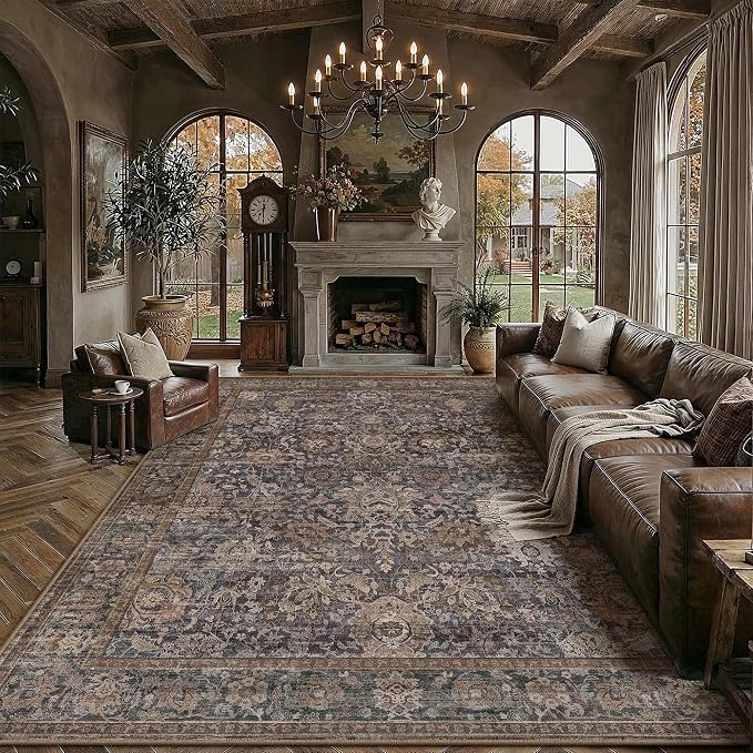 HUGEAR Area Rugs 9x12 Blue Brown Washable Rug for Living Room Bedroom Large Neutral Vintage Rug Carpet Distressed Soft Durable Non Slip No Shedding for Indoor Dining Nursery Farmhouse