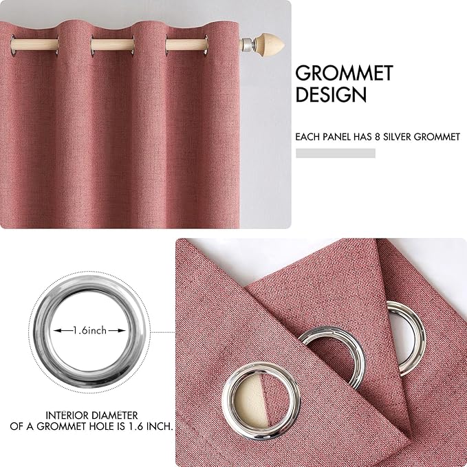 MIULEE 100% Blackout Linen Textured Curtains for Bedroom Solid Thermal Insulated Dusty Rose Grommet Room Darkening Curtains & Drapes Luxury Decor for Living Room Nursery 52 x 96 Inch (2 Panels)