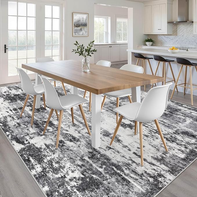 9x12 Area Rug Living Room: Washable Large Neutral Rug Abstract Soft Modern Stain Resistant Indoor Floor Non-Slip Carpet for Bedroom Nursery Kids Office Playroom Dining Room Under Table- Black White
