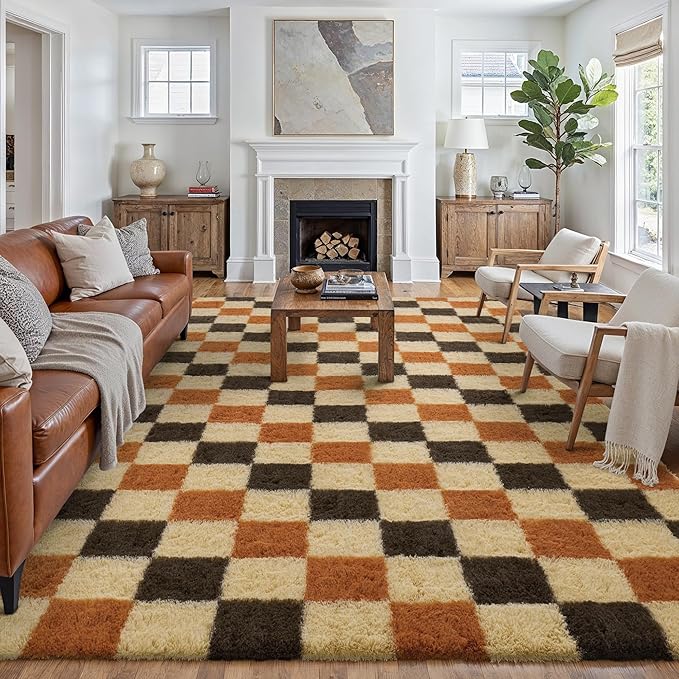 PureCozy Shag Rug 9x12 for Living Room Soft Non-Slip Large Area Rug Bedroom | Fluffy，Washable，Checkered Rug, Kids Room, Nursery Room, Classroom