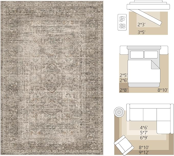 Fmfunctex 2x8 Runner Rug Taupe Washable Vintage Neutral Distressed Non Slip Low Pile Indoor Carpet Soft Retro Floral Hallway Entryway Rug for Kitchen Living Room Bedroom Bathroom Laundry Entry Bedside