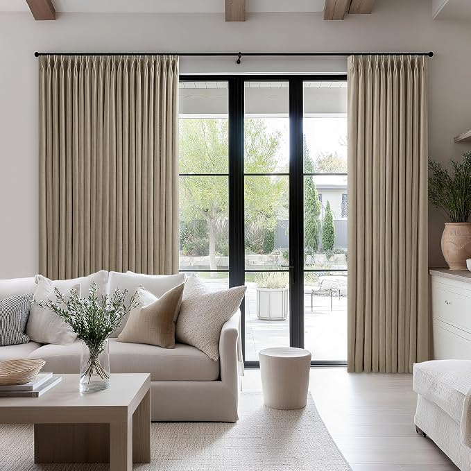 Pinch Pleated Linen 96 Inch Curtains 100 Inch Width for Living Room Divider Light Filtering Thick Light Brown Linen Extra Wide Patio Curtains for Sliding Door Balcony Floor to Ceiling Window 1 Panel