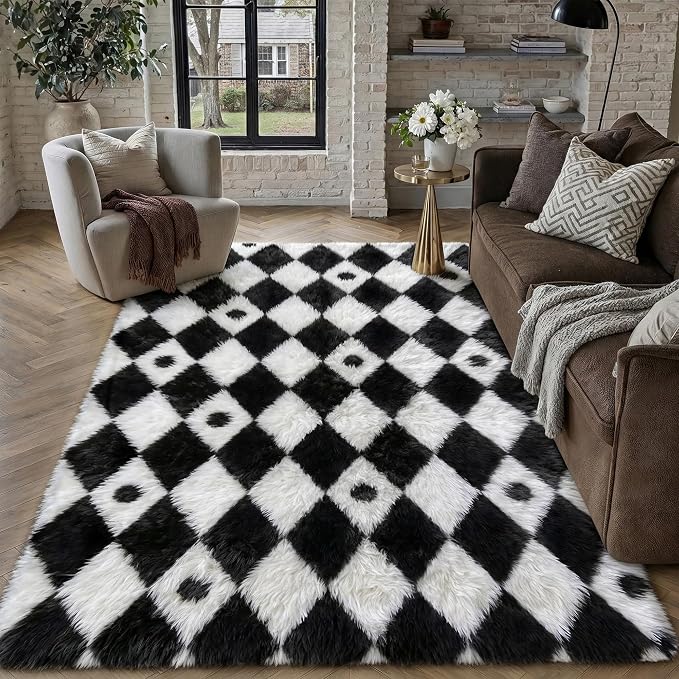 PureCozy Checkered Rug 4x6 Fluffy Shag Living Room Black and White Area Rug Modern Washable Carpet Soft Shaggy Non Slip Indoor Plush Fuzzy Rugs for Bedroom Dorm Office Home Aesthetic Decor