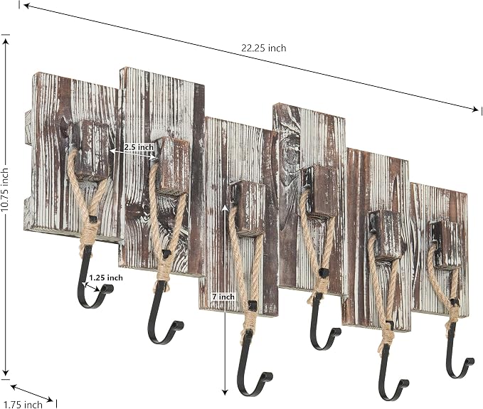 MyGift 6 Hook Wall Mounted Torched Wood Entryway Coat and Hat Rack, Decorative Nautical Style Rustic Rope Metal Hanging Storage Hooks on Offset Wooden Planks