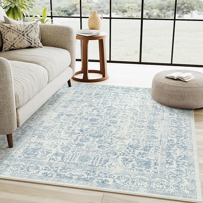 PureCozy Blue Area Rug 3x5 Office Entryway Rug Machine Washable Kitchen Vintage Distressed Non Slip Carpet Indoor Retro Floral Accent Throw Door Mat for Bathroom Bedroom Dining Living Room