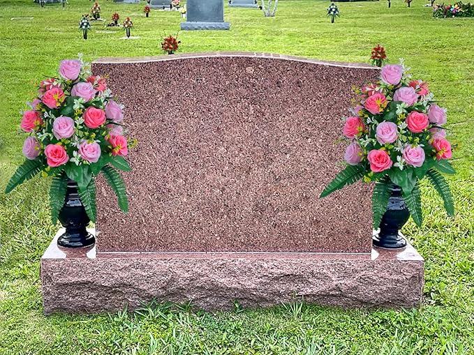 DONODA 2 Sets of Artificial Cemetery Flowers， Outdoor Grave Decorations Roses，Accompanied by 2 Long Nail Vases，Lasting and Non-Bleed Colors. (18 Heads (Pink+Light Pink))