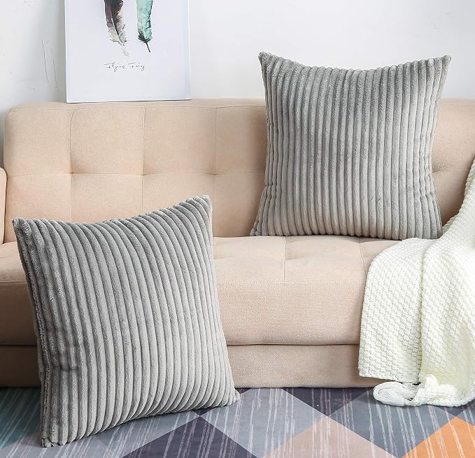 TangDepot Velvet Big Corduroy Pillow Covers 16x16 Grey 2-Pack | Soft wide-stripe corduroy pillow cover, hidden zipper, machine washable, easy refresh, for bedroom living room indoor outdoor