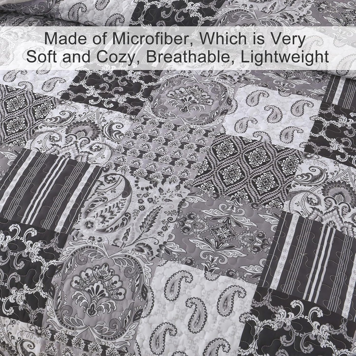 WONGS BEDDING Grey Quilt Set Queen Size, Patchwork Plaid Bedspread Bedding Sets Soft Microfiber Boho Quilts for Queen Bed 3 Pieces Coverlet Set for All Season (96"x90")