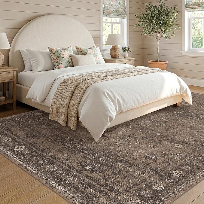 Farmhouse Brown Washable 6x9 Area Rugs for Living Room, Dark Neutral Vintage Distressed Rug for Bedroom, Non-Slip Soft Stain Resistant Carpet for Dining Room Office Décor