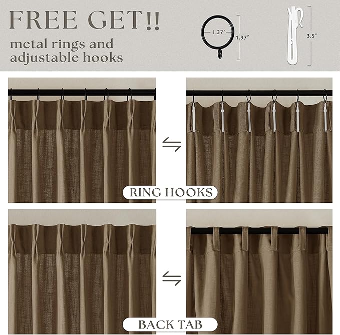 Dutch Cocoa Pinch Pleated Linen Curtains 120 Inches Long 60 Width Linen Blend Light Filtering Window Curtains 120 Inch for Living Room Bedroom Patio Pinch Pleat Drapes Hooks Rings 1 Panel 60Wx120L