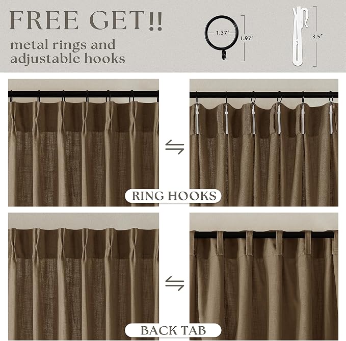 Extra Wide 102 Inch Long Curtains 70 Inch Wide Pinch Pleat Linen Curtains for Living Room Bedroom Light Filtering Privacy Pleated Drapes Hooks Rings Back Tab for Sliding Door Dutch Cocoa 1 Panel