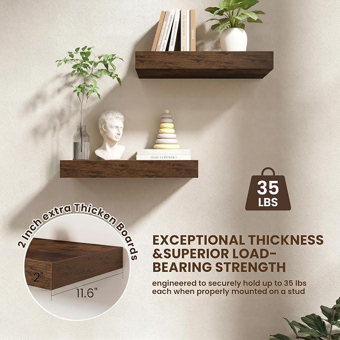 FLYJOE 20 Inch Floating Shelves, 12 Inch Deep Floating Shelves Set of 2, 20''W x 12''D Rustic Brown Wood Shelves for Wall, Bathroom Available, Engineered Wood, Mounting Hardware Included