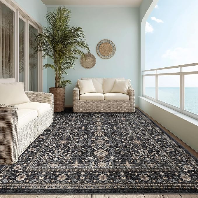 Ruaruarug Washable Area Rug 9x12 for Living Room, Bedroom, Ultra Soft Non Slip Stain & Fade Resistant, Pet & Kids Friendly, Suitable for High Traffic Areas Easy to Clean for Office Kitchen, Black Grey