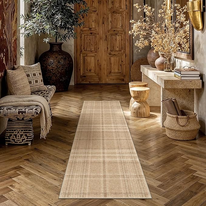 2x5 Brown Runner Rug for Kitchen Machine Washable Low Pile Checkered Carpet Modern Accent Soft Non Slip Rug for Bathroom Bedroom Nursery Indoor