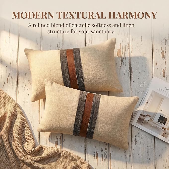 BOYSUM Set of 2 Leather Throw Pillow Covers Lumbar Cotton Linen Decor Patchwork Pillow Cover Faux Leather Pillows Cover for Couch Sofa Living Room Bedroom,Beige Yellow 12"x20"