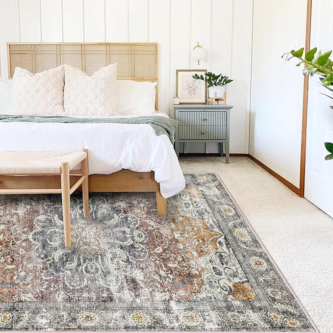 CHAMPLANT Area Rug 5x7 Washable Rug Brown Vintage Traditional Floor Cover Foldable Thin Retro Kitchen Accent Indoor Distressed Non Slip Carpet Bedroom Living Room Bathroom