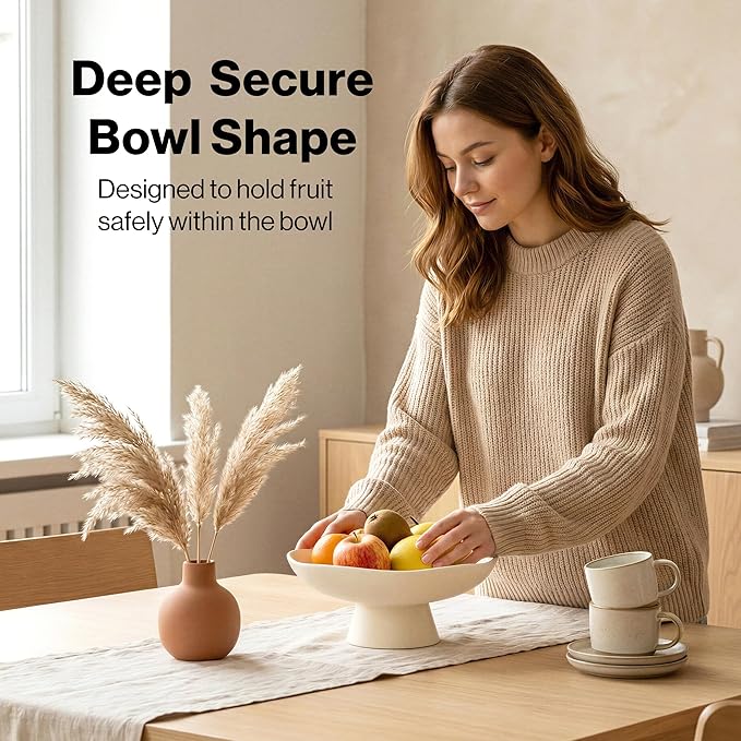 EDELHAUS Modern Concrete Fruit Bowl for Kitchen Counter – Cream White Decorative Pedestal Bowl, 11.2” Wide Minimalist Fruit Tray for Home Décor, Table Decor, Entryway Key Bowl