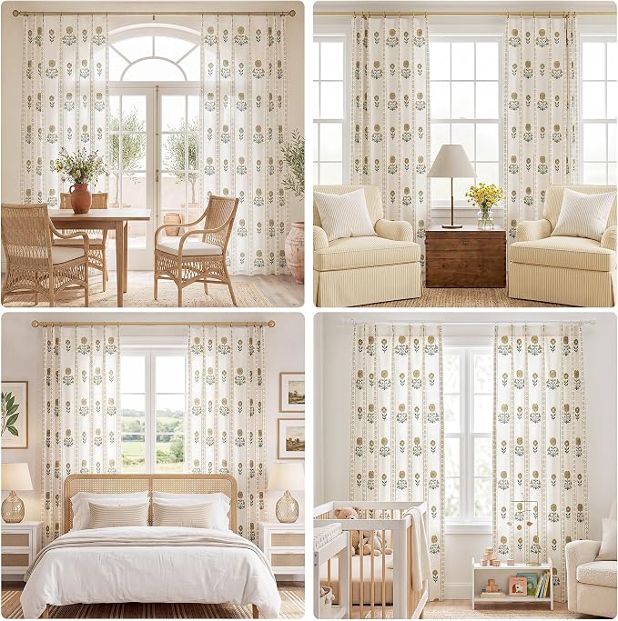THREE GIRLS Pinch Pleated Light Filtering Linen Blend Floral Block Print Curtains for Bedroom, Dining Room, Living Room, Farmhouse, Memory Trained, Hooks, 2 Panels Set, 40"x95", Brown