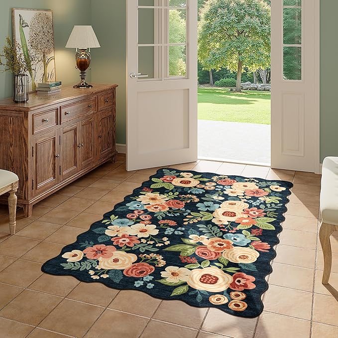 DUKINO 3x5 Area Rug, Floral Non-Slip Indoor Washable Rug with Low Pile & Non-Shedding, Lightwight Boho Design Carpet for Entryway, Bedroom, Kids Room, Living Room, Kitchen, Navy Blue