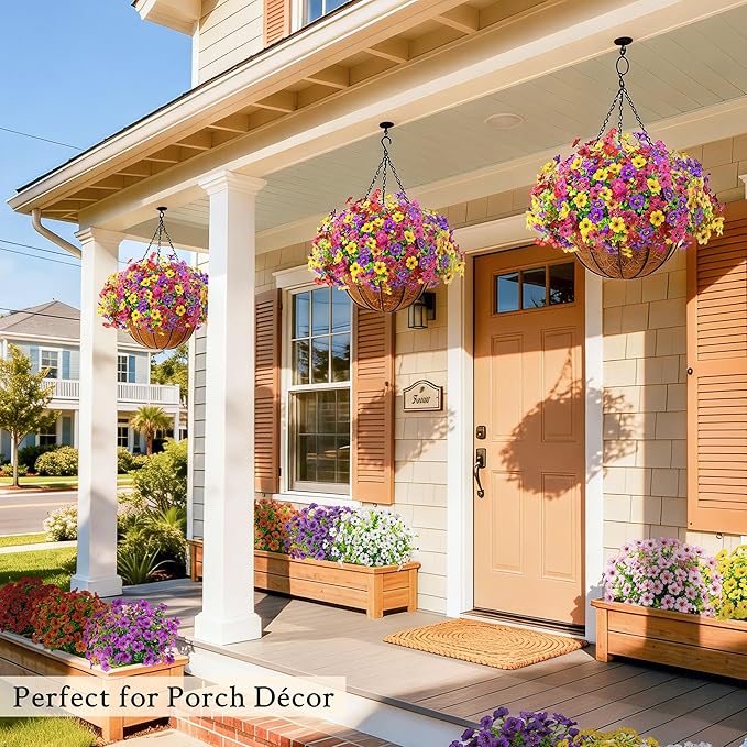 Der Rose 2 Pack Artificial Hanging Flowers Basket for Outdoors Fake Hanging Plants Spring Summer Decoration UV Resistant for Garden Front Porch Patio Balcony Decor