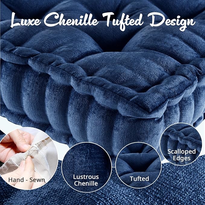Intelligent Design Azza Floor Pillow, Large Cushions Sitting for Adults, Floor Pillow for Meditation or Yoga, Lustrous Chenille Tufted with Scalloped Edges for Bench/Chair Cushion, 20"x20"x5" Navy