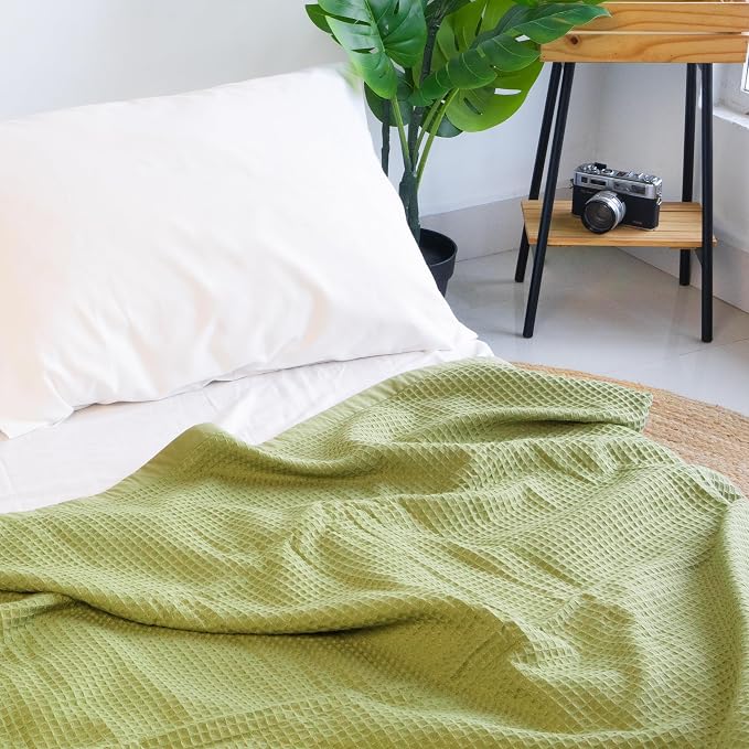 Salt Earth GOTS Certified 100% Organic Cotton Waffle Throw Blanket, 55"x60", Mosstone