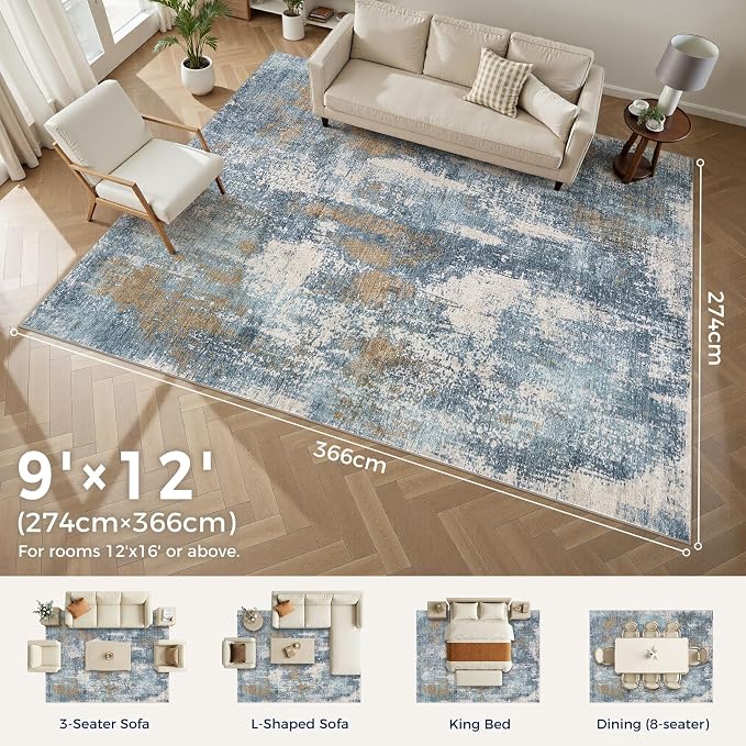 DMOYEST Area Rug Living Room Rugs - 9x12 Washable Large Soft Indoor Neutral Modern Abstract Low Pile Rug Carpet for Bedroom Dining Room Farmhouse Home Office - Blue Brown