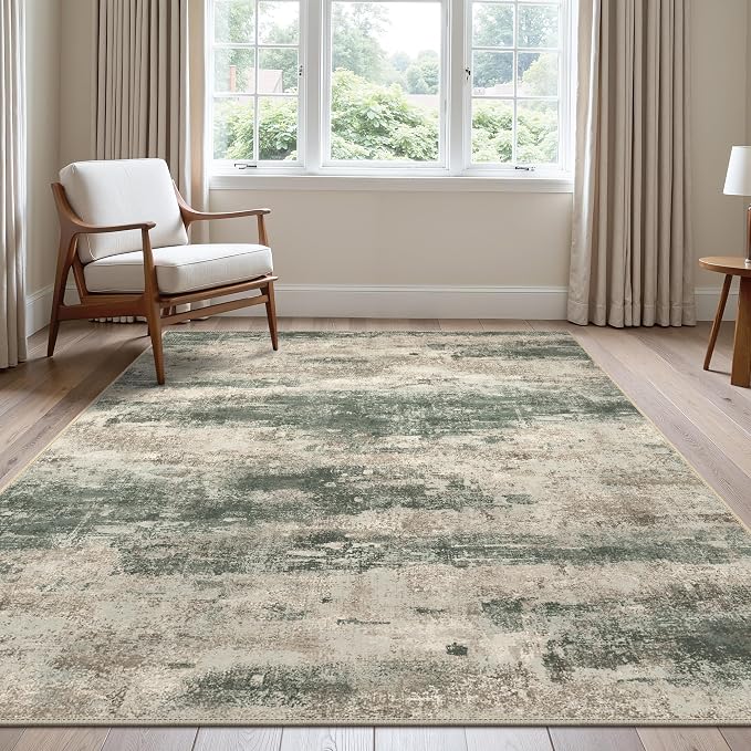 BEIMO Area Rugs 5x7 for Living Room Bedroom, Modern Abstract Machine Washable Rug, Large Soft Low Pile Floor Cover with Non Slip Backing for Dining Room, Grey/Dark Green