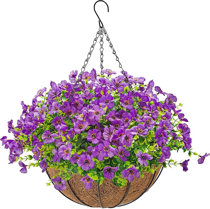 Der Rose Artificial Hanging Flowers Basket for Outdoors Fake Hanging Plants Spring Summer Decoration UV Resistant for Garden Front Porch Patio Balcony Decor