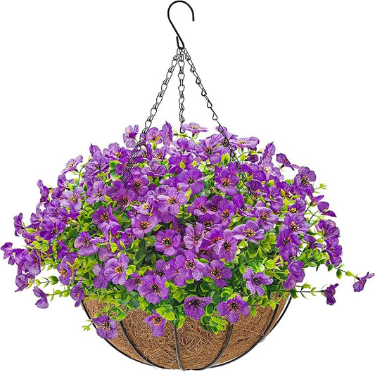 Der Rose Artificial Hanging Flowers Basket for Outdoors Fake Hanging Plants Spring Summer Decoration UV Resistant for Garden Front Porch Patio Balcony Decor
