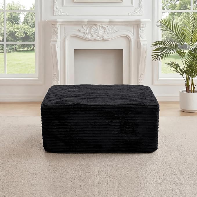 27.56'' Plush Fluffy Corduroy Poofy Ottoman in a Box for Boneless Sofa Couch, Modern Compressed Foot Rest, Small Comfy Rectangle Boneless Pouf Footstool Ottoman for Living Room, Bedroom, Black