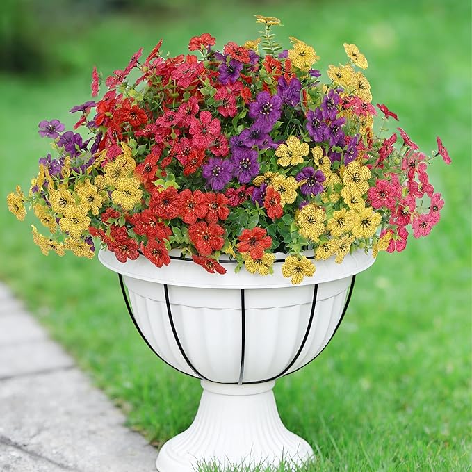 Senjie 24 Bundles Artificial Flowers Bulk for Outdoor Decor, UV Resistant Fake Plastic Flowers, Faux Flowers for Porch Patio Window Boxwood Garden