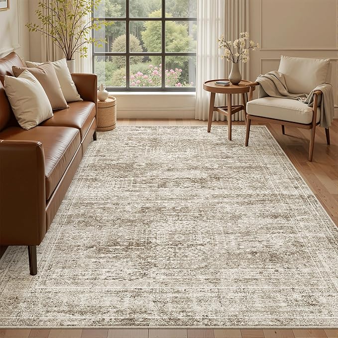 Soalmost 5x7 Area Rugs Brown Low Pile Indoor Washable Trendy Faded Style Rugs for Bedroom Living Room Dining Room Foldable Non-Slip Thin Print Mat