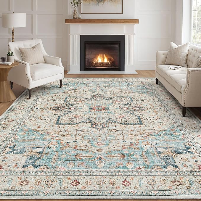 Tortania Area Rug Living Room Rugs - 11x14 Washable Boho Rug Vintage Oriental Distressed Farmhouse Large Thin Indoor Carpet for Living Room Bedroom Under Dining Table Home Office - Aqua Multi