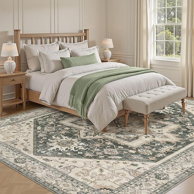 10x14 Area Rug for Living Room- Machine Washable Soft Oriental Vintage Large Indoor Floor Carpet for Bedroom Under Dining Table Home Office Decor - Vintage Green