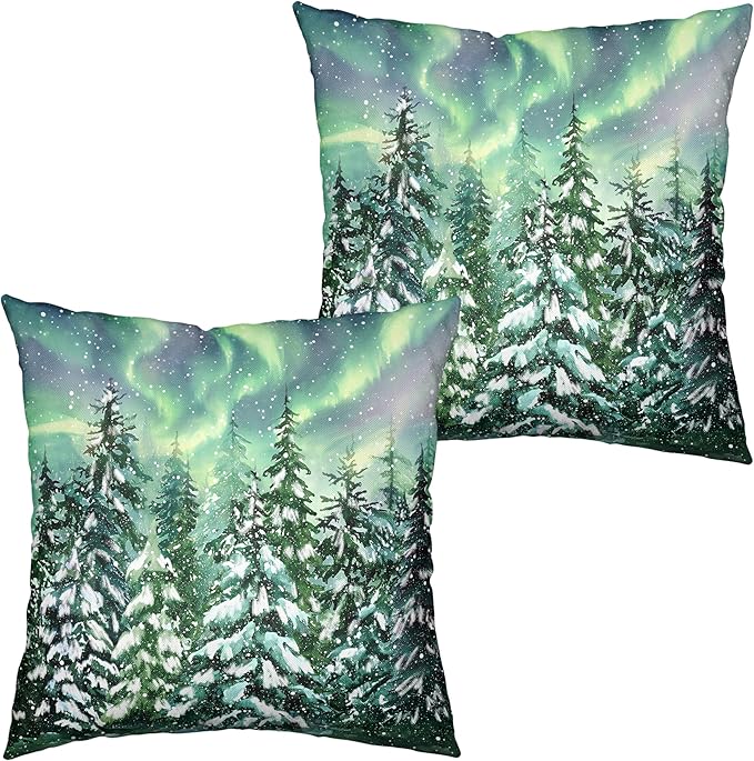 Winter Aurora Pillow Covers 18x18 Set of 2 Snowy Pine Tree Throw Pillow Covers Green Polar Light Forest Pillow Case Double Sided Printing Cushion Case for Home Decor Couch Sofa
