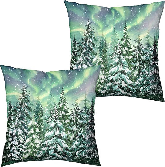 Winter Aurora Pillow Covers 24x24 Set of 2 Snowy Pine Tree Throw Pillow Covers Green Polar Light Forest Pillow Case Double Sided Printing Cushion Case for Home Decor Couch Sofa