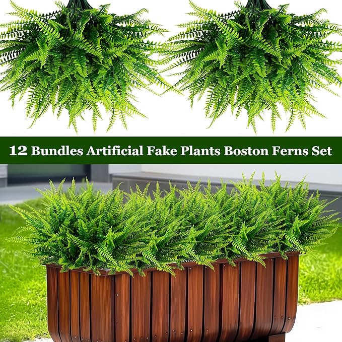 Nigirior 12 Bundles Artificial Fake Plants for Outdoor Faux Boston Fern for Home Decor UV Resistant Fake Plants Greenery for Front Porch Planter Indoor or Outdoor (Green)